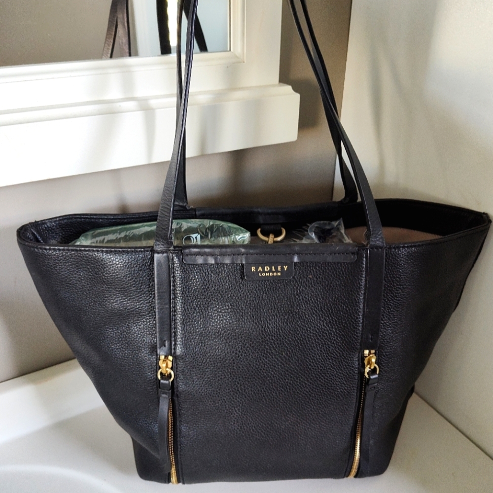 GUC Radley London Penhurst Oversize Open Top Leather Shoulder Tote Bag, 🖤/Gold